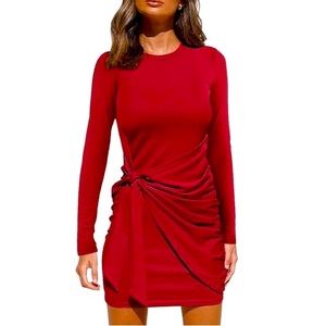 AMABMB Casual Long Sleeve Crewneck Ruched Tie Waist Mini Dress. Size Medium.